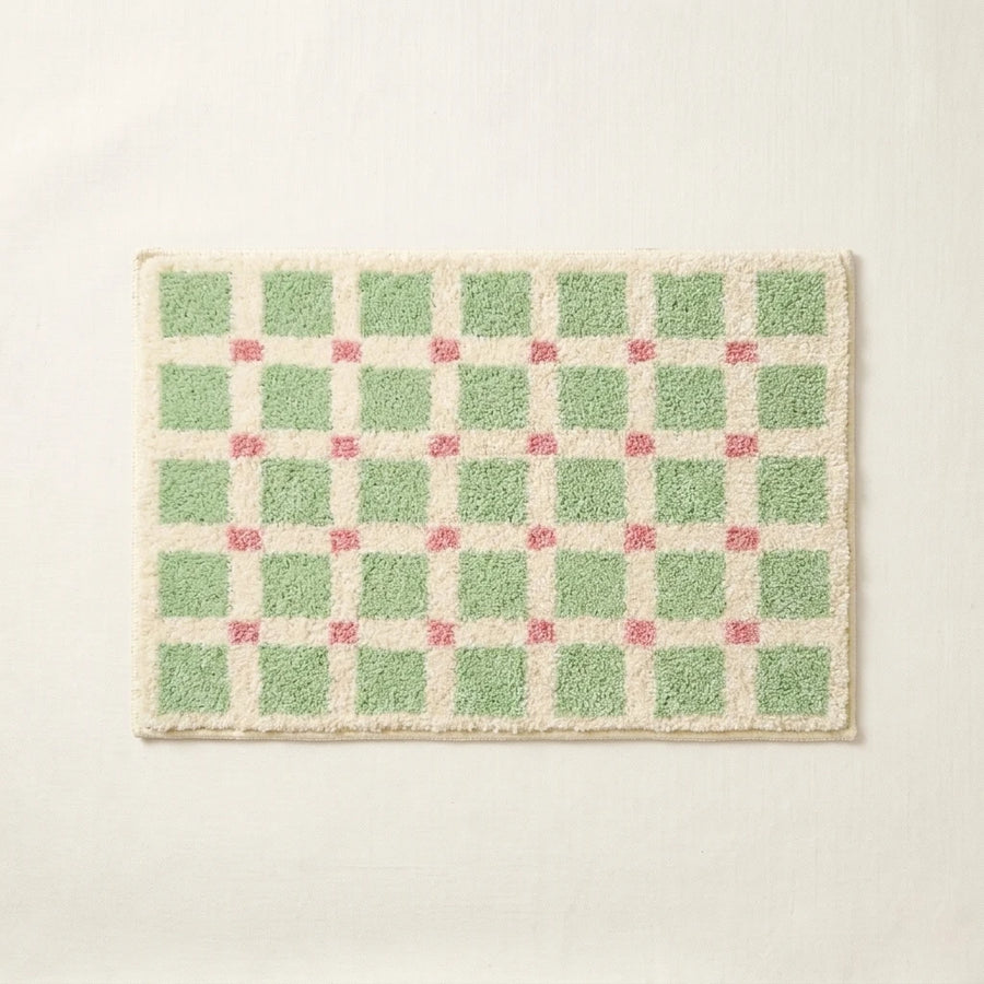 Meadow Plaid Rug Sage Vichy Green Pink Checkered Bath Mat Product Shot