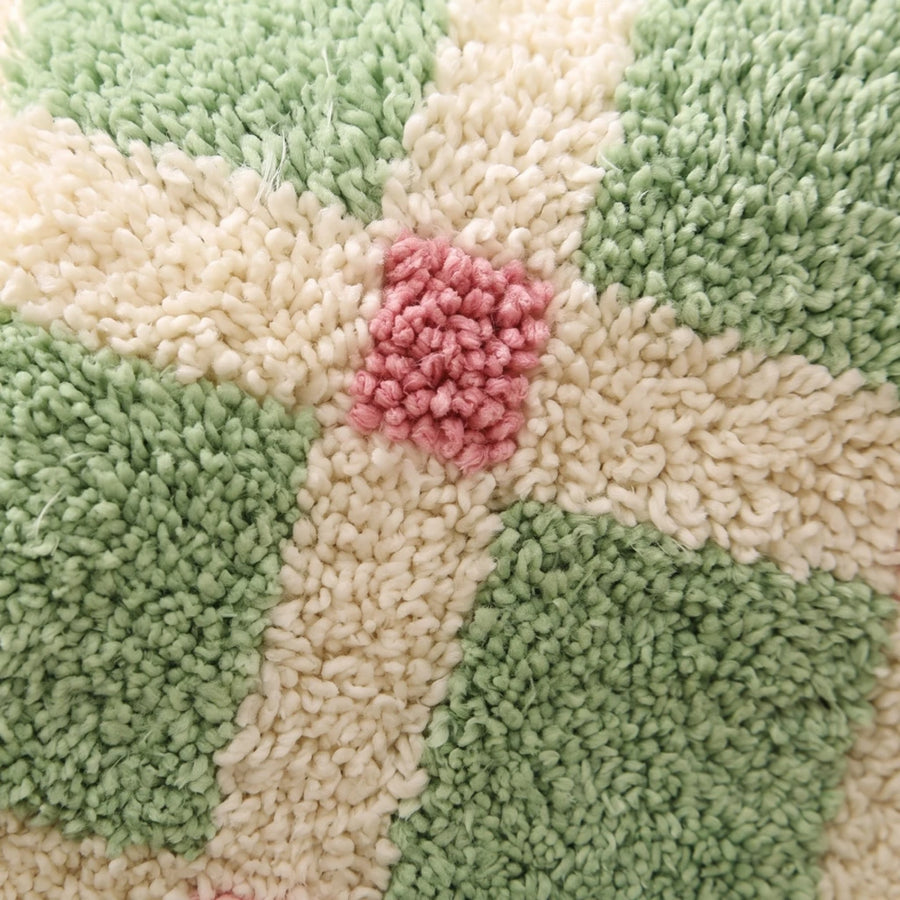 Meadow Plaid Rug Sage Vichy Plush Tufted Detail Sage Green Cream Rose Pink