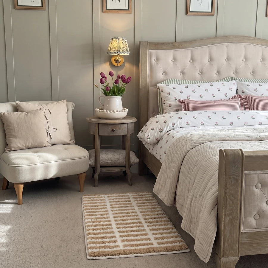 Meadow Plaid Rug Toffee Stripe Bedroom Decor Tan Cream Vintage Cottagecore Bedroom