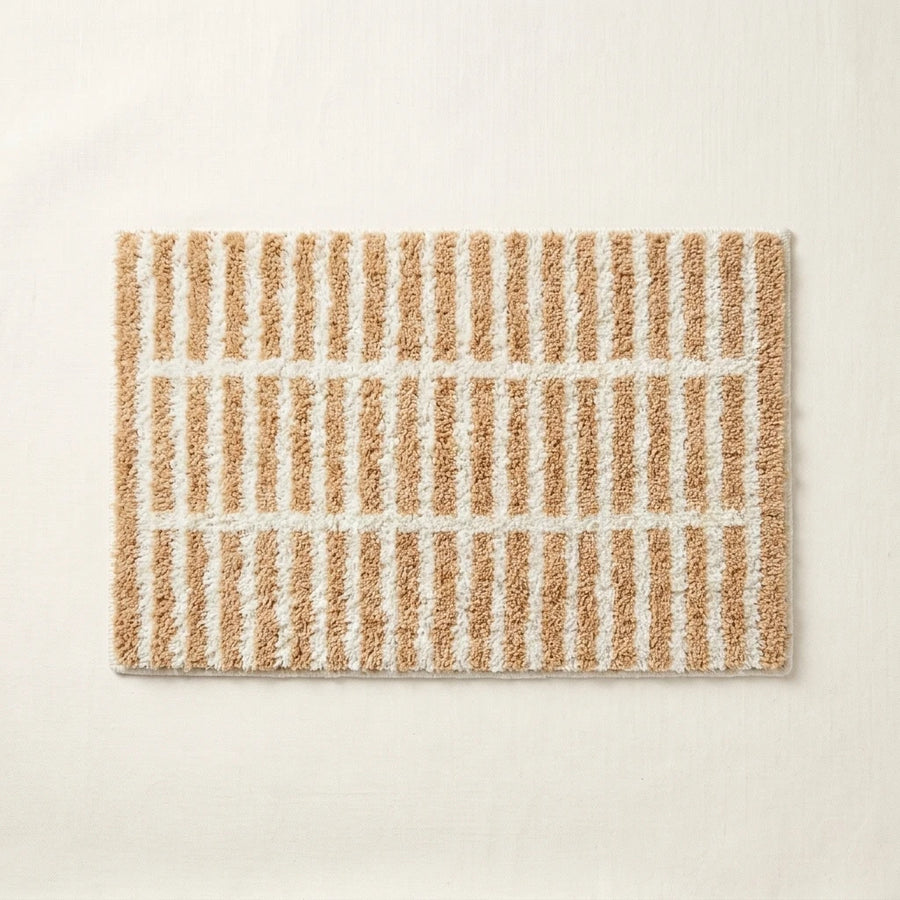 Meadow Plaid Rug Toffee Stripe Tan Cream Windowpane Bath Mat Product Shot