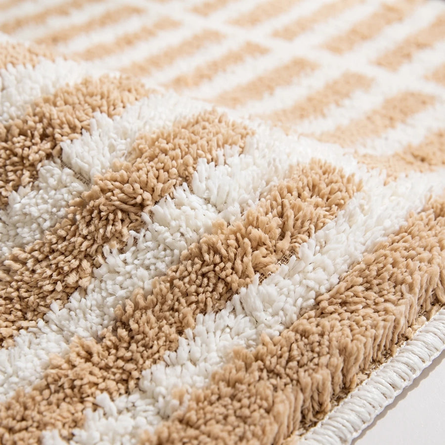Meadow Plaid Rug Toffee Stripe Tufted Texture Closeup Caramel Tan Cream