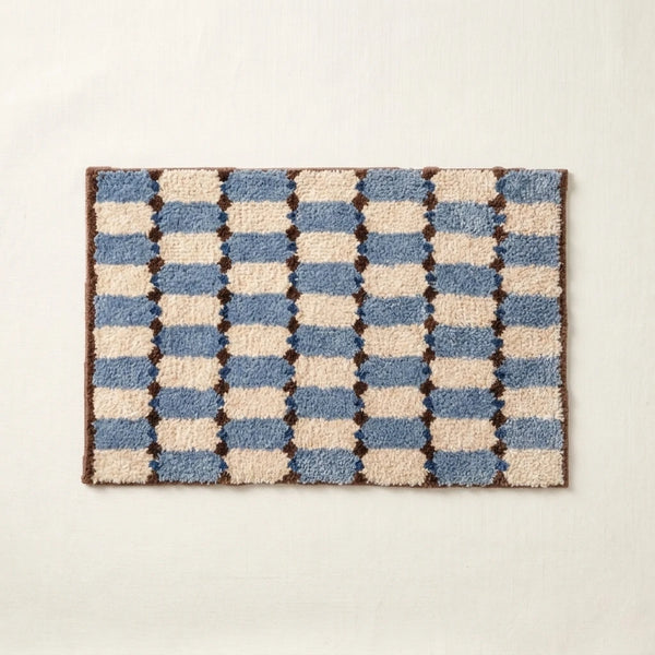 Offset Check Rug Blue Cocoa Denim Blue Cream Brown Checkered Bath Mat Product Shot