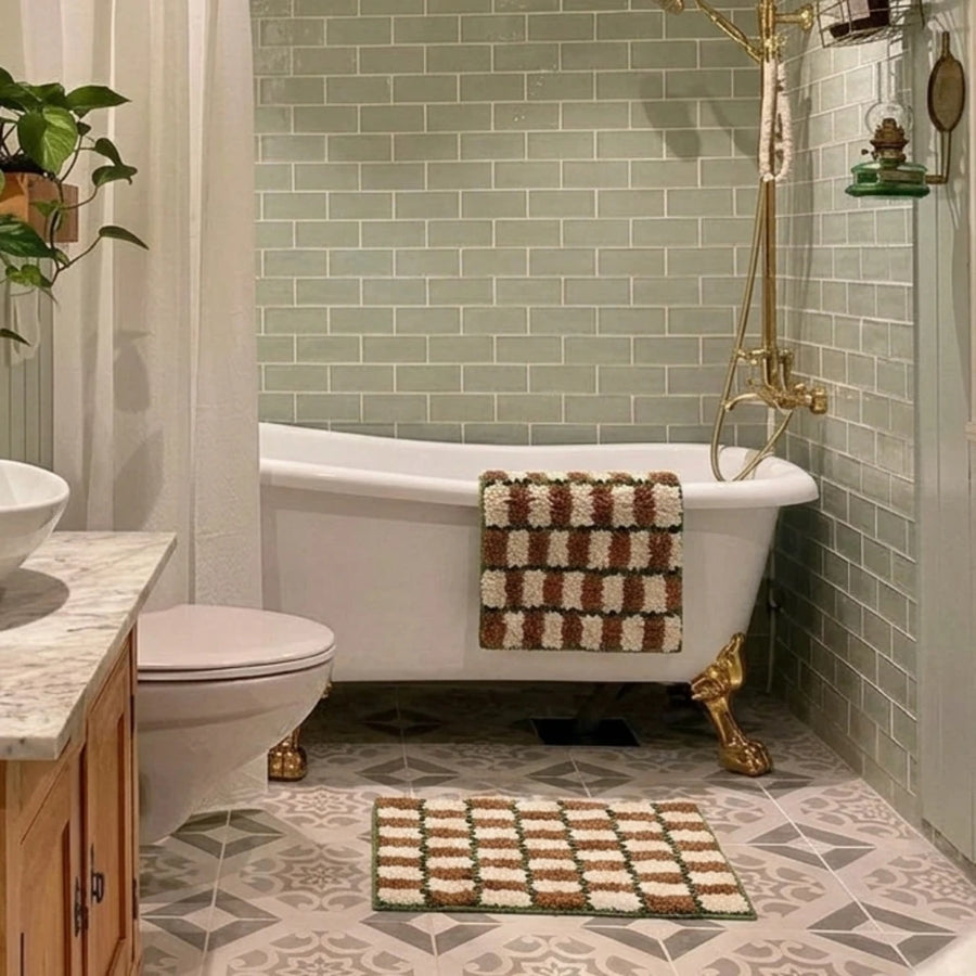 Offset Check Rug Rust Green Bathroom Mat Terracotta Cream Vintage Clawfoot Tub Patterned Tile Bathroom