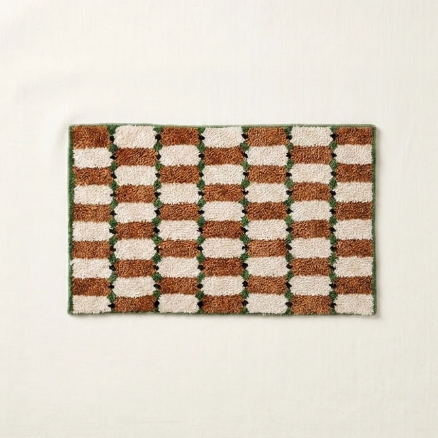 Offset Check Rug Rust Green Terracotta Cream Checkered Bath Mat Product Shot
