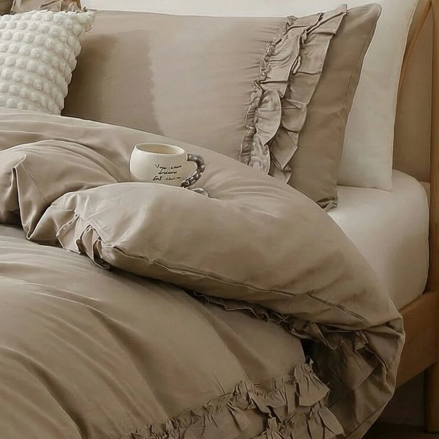 aesthetic beige ruffle comforter shabby chic home styling