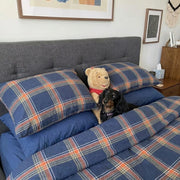 aesthetic dark blue and red checkered bed linens soft cotton