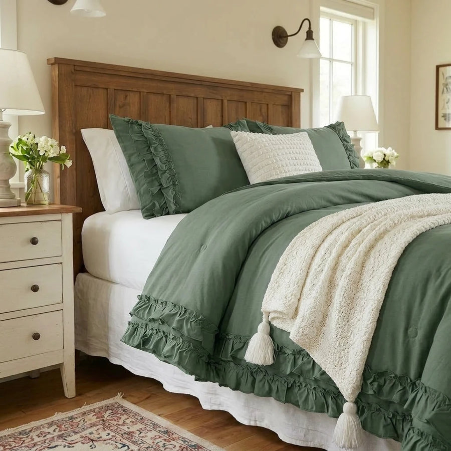 aesthetic dark green ruffle comforter moody farmhouse styling