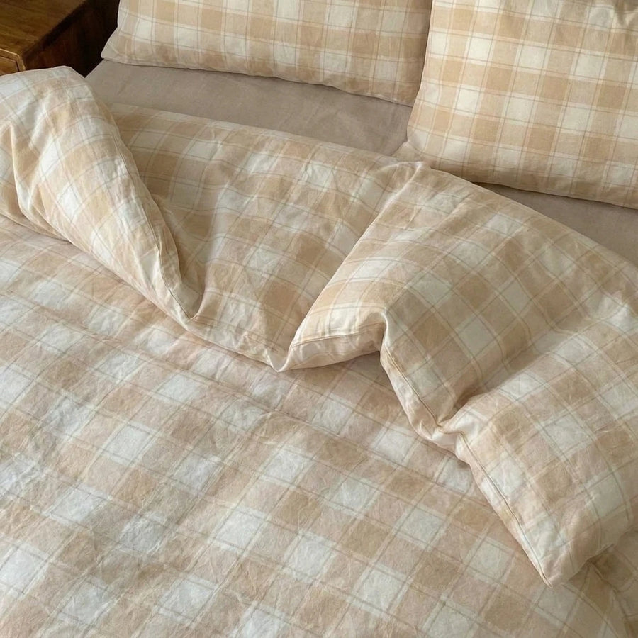 aesthetic earth tone checkered bed linens shabby chic styling