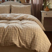 aesthetic earth tone checkered bed linens soft neutral decor