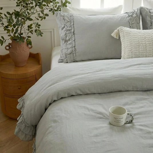 aesthetic french country ruffle hem bedding sage green cotton