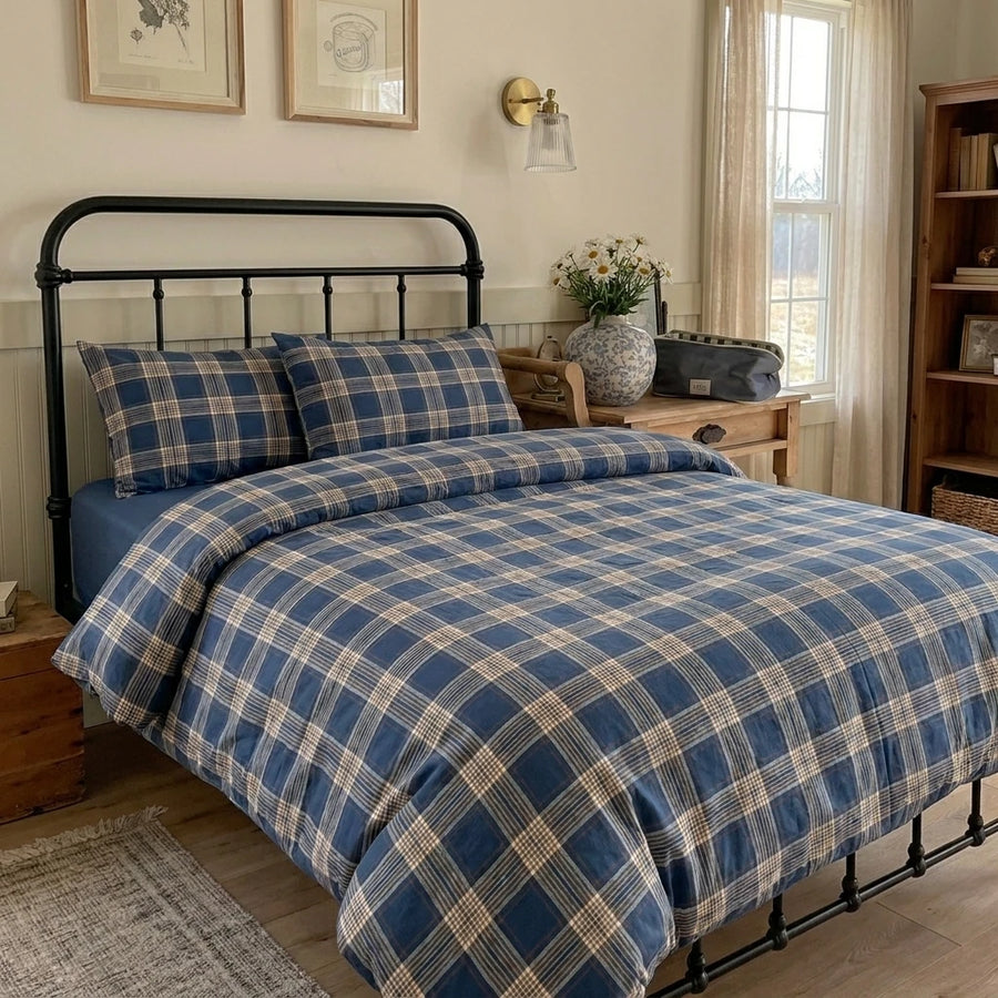 aesthetic indigo blue checkered bed linens rustic cabin decor