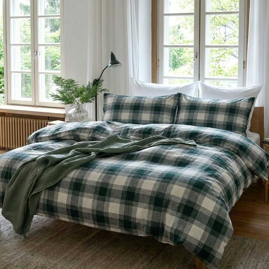 aesthetic pine green checkered bed linens scandi bedroom styling