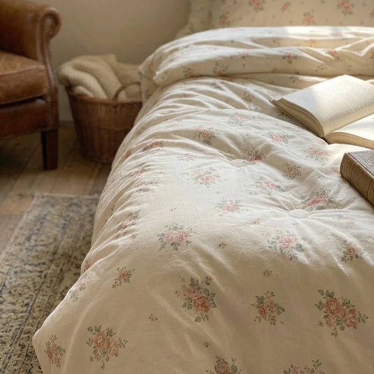 aesthetic rose floral quilt set soft breathable cotton texture