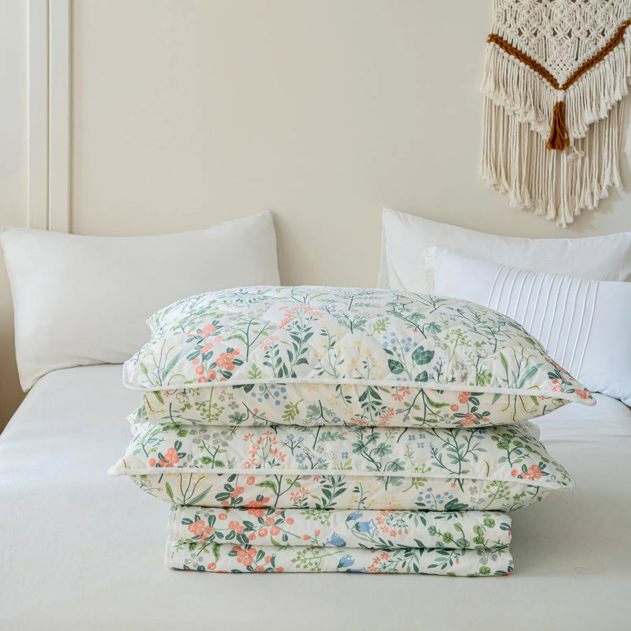 aesthetic stacked verdant garden botanical quilt and shams