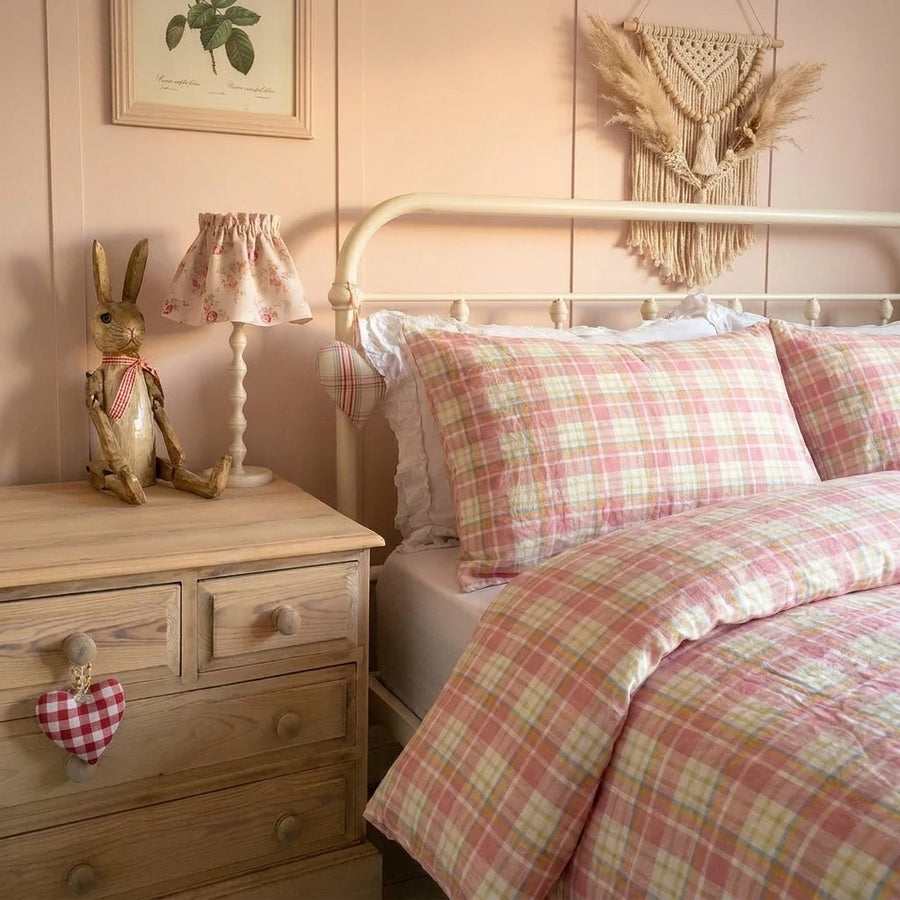 aesthetic strawberry pink checkered bed linens coquette room decor