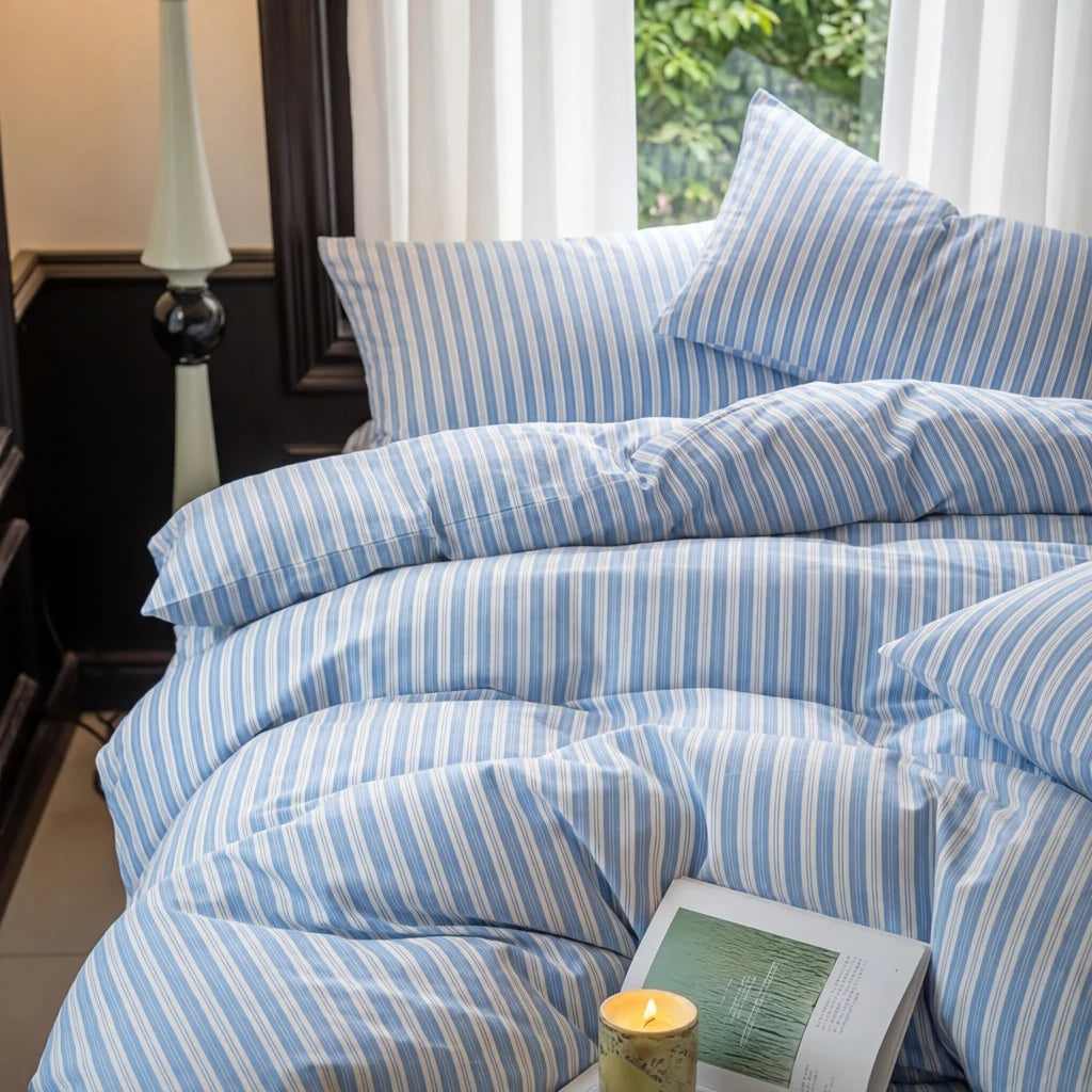 airy sky blue striped bedding for guest room