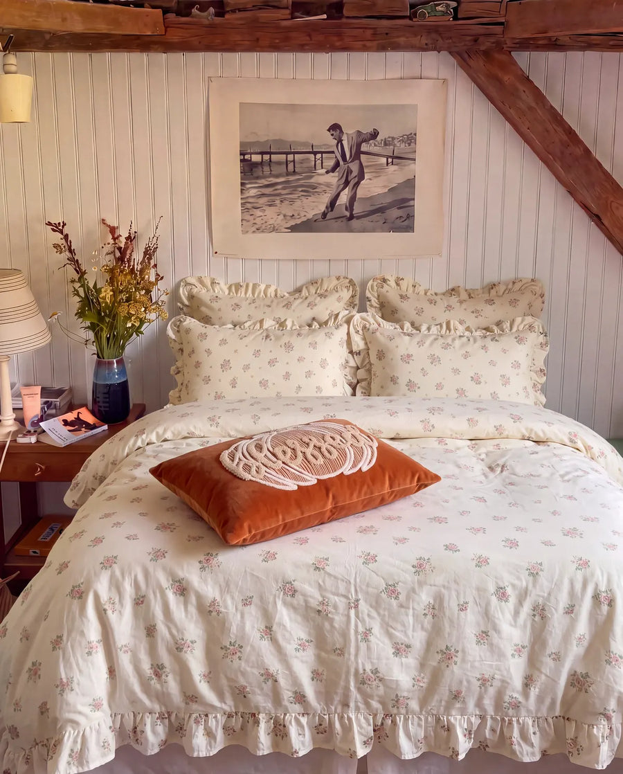 apricot rose reverie ruffle duvet cover set full bed view