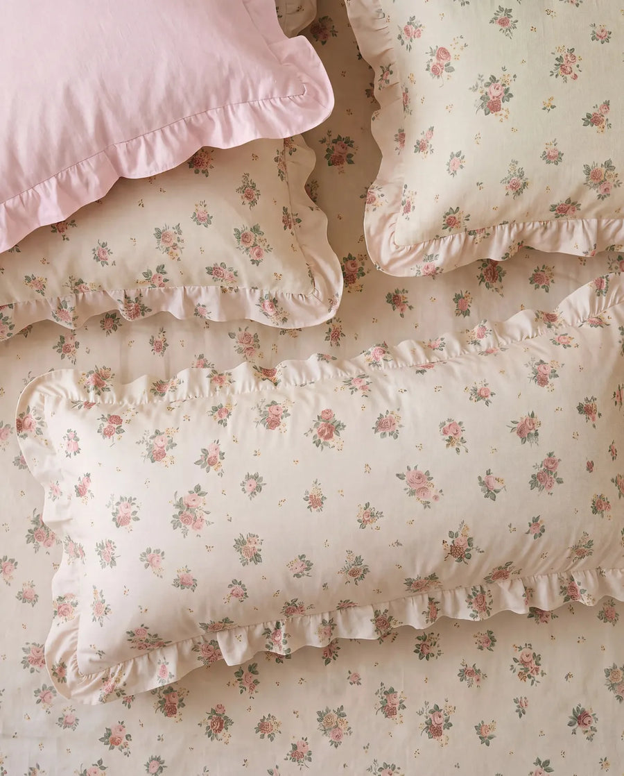 apricot rose reverie ruffle pillowcases rose print detail