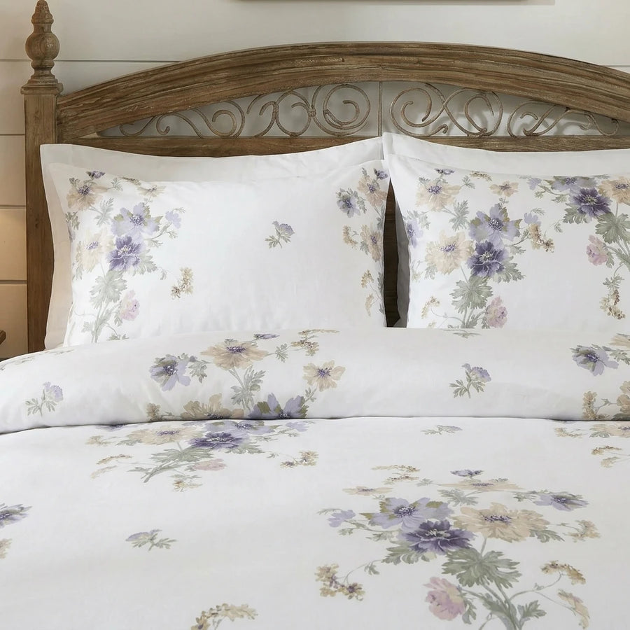 shabby chic gardenia floral pillowcase detail in aesthetic spring bedroom decor