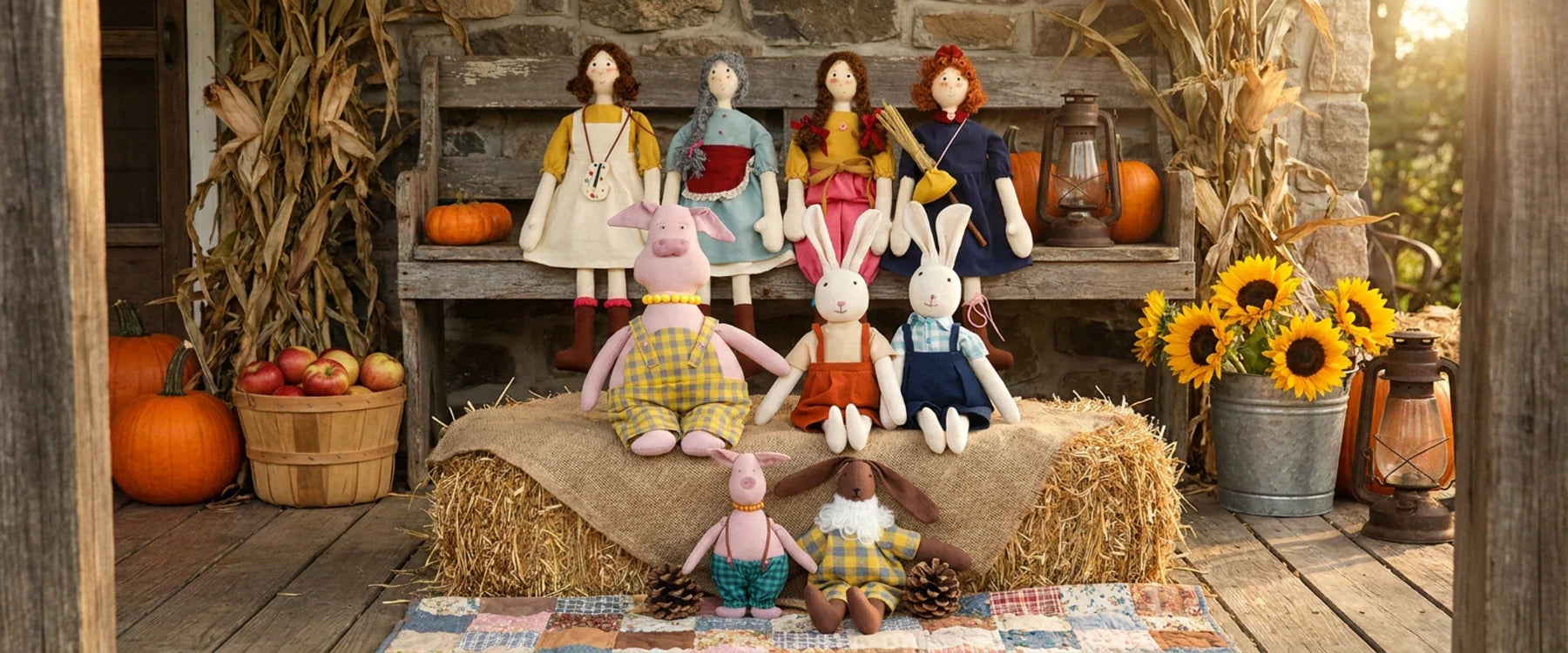 artisan handmade cloth doll complete collection autumn porch