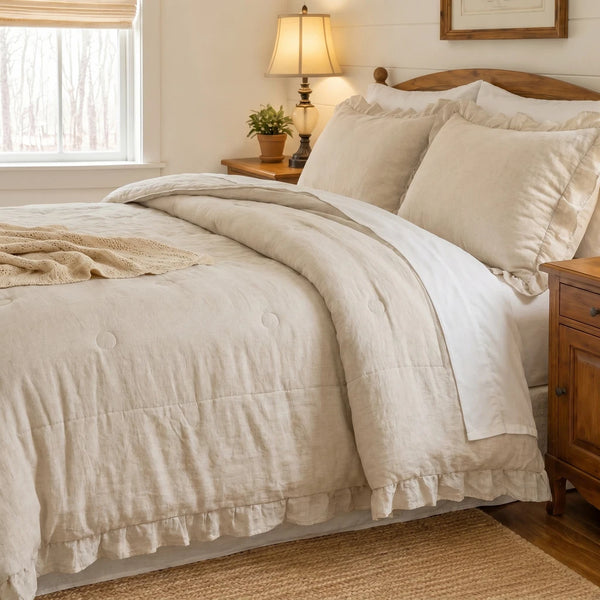 artisan ruffle trim linen comforter set oatmeal farmhouse