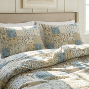 artisanal patchwork botanical duvet cover set blue cream quilt style bedding
