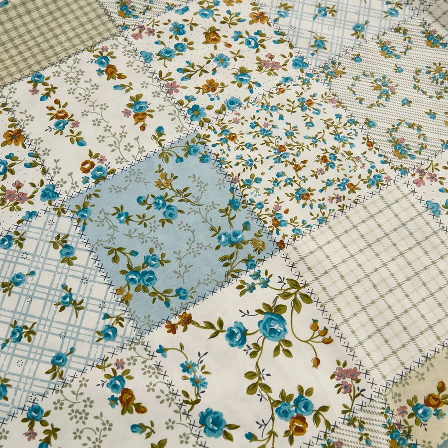 artisanal patchwork botanical fabric flat lay floral plaid mix