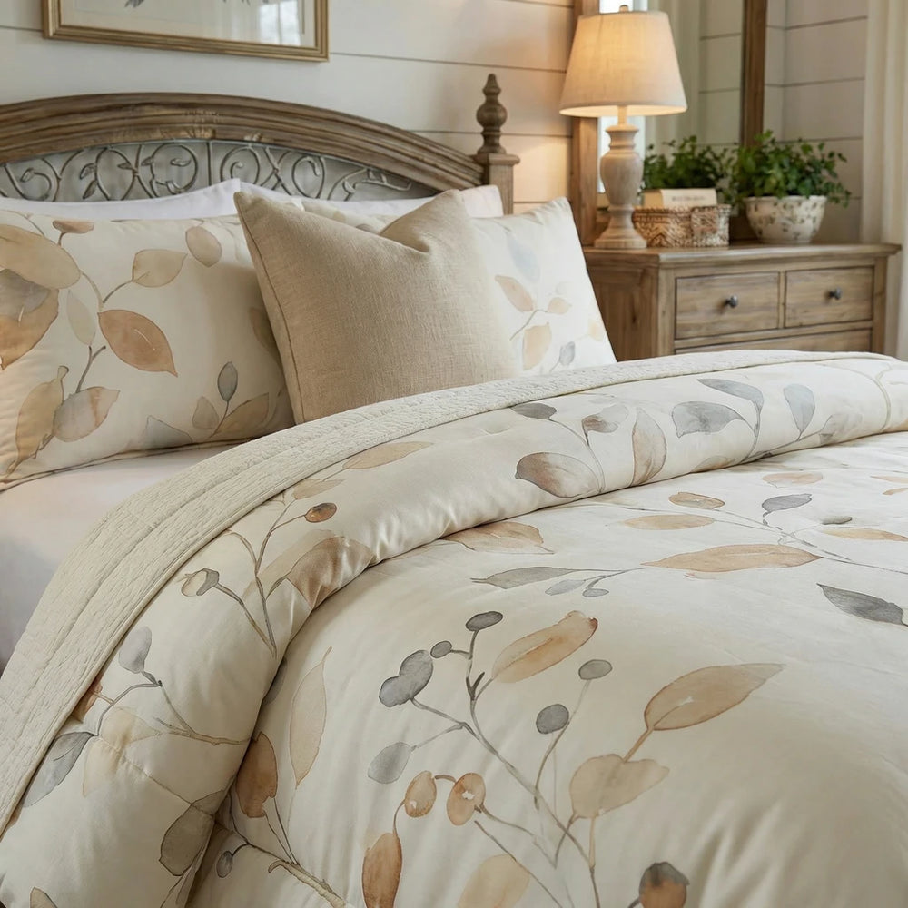 autumnal amber botanical leaf print pillow shams close up