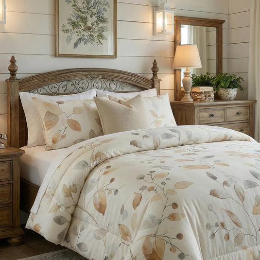 autumnal amber botanical quilt cover set flat lay display