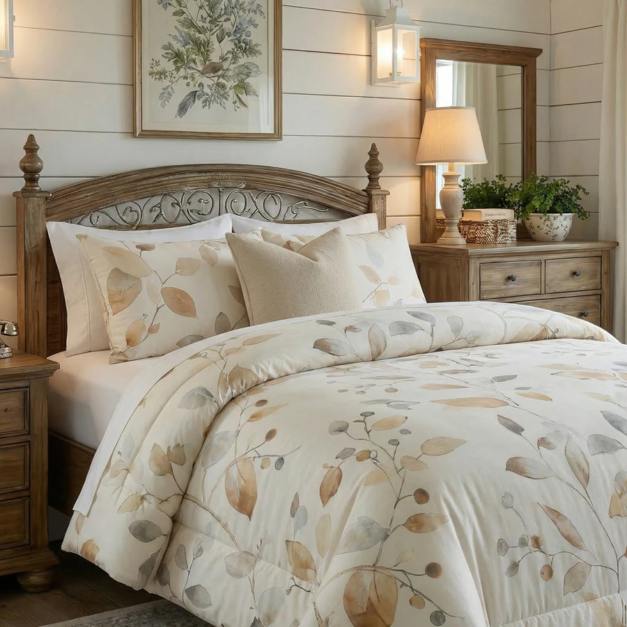 autumnal amber botanical quilt cover set flat lay display