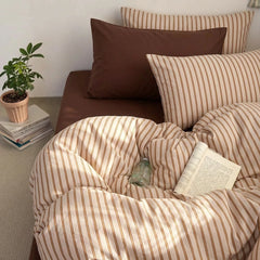 beige and brown striped bedding set cotton quilt cover