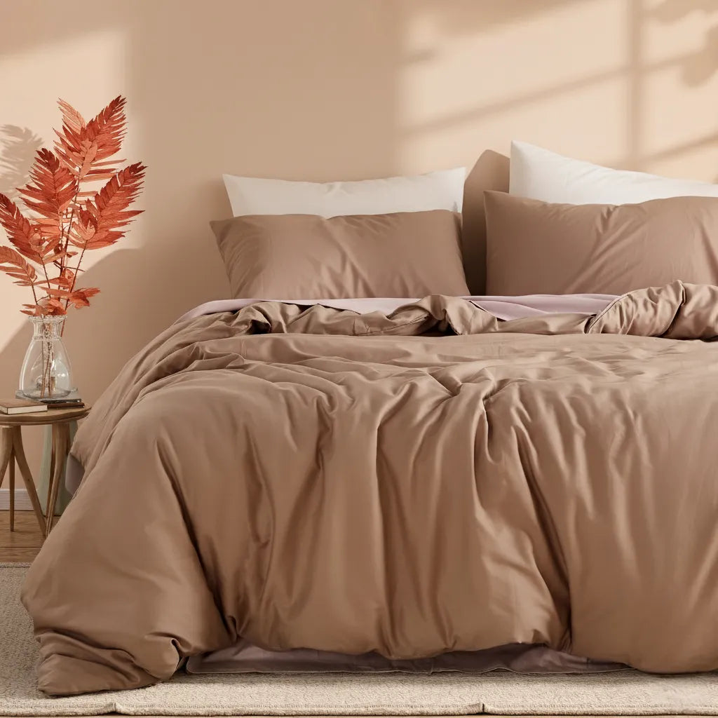 Side angle of beige camel duvet cover showing bedside table with vase and plants in warm light.
