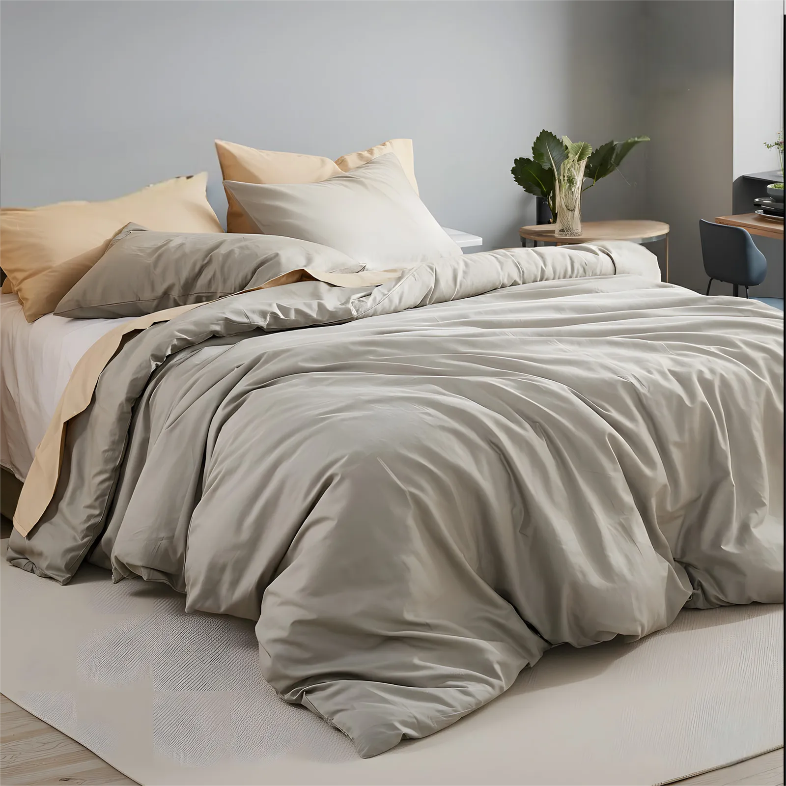 Angled view of beige grey duvet cover showing pillows and fabric texture