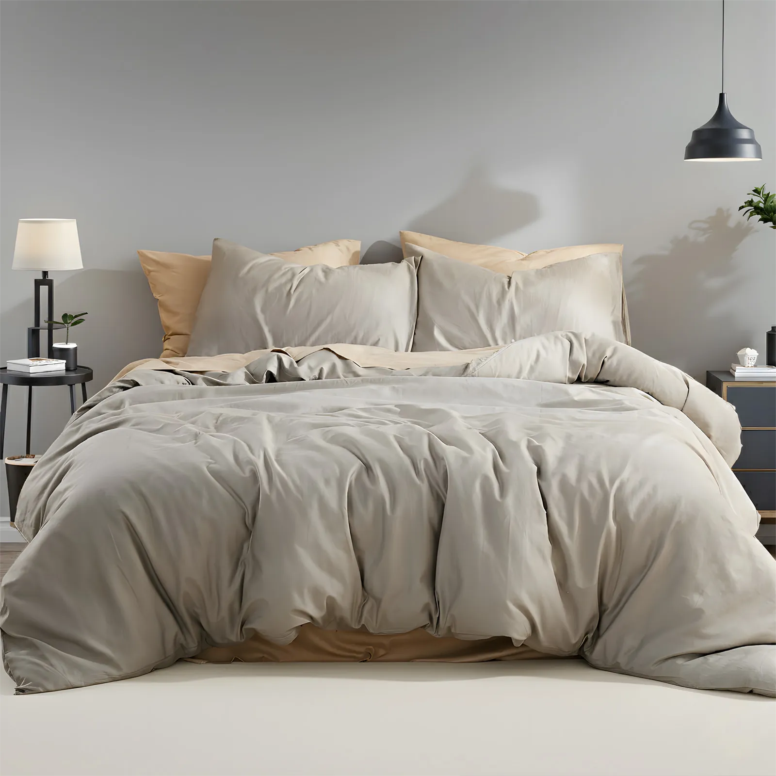 Beige Grey duvet cover front view with four pillows on bed