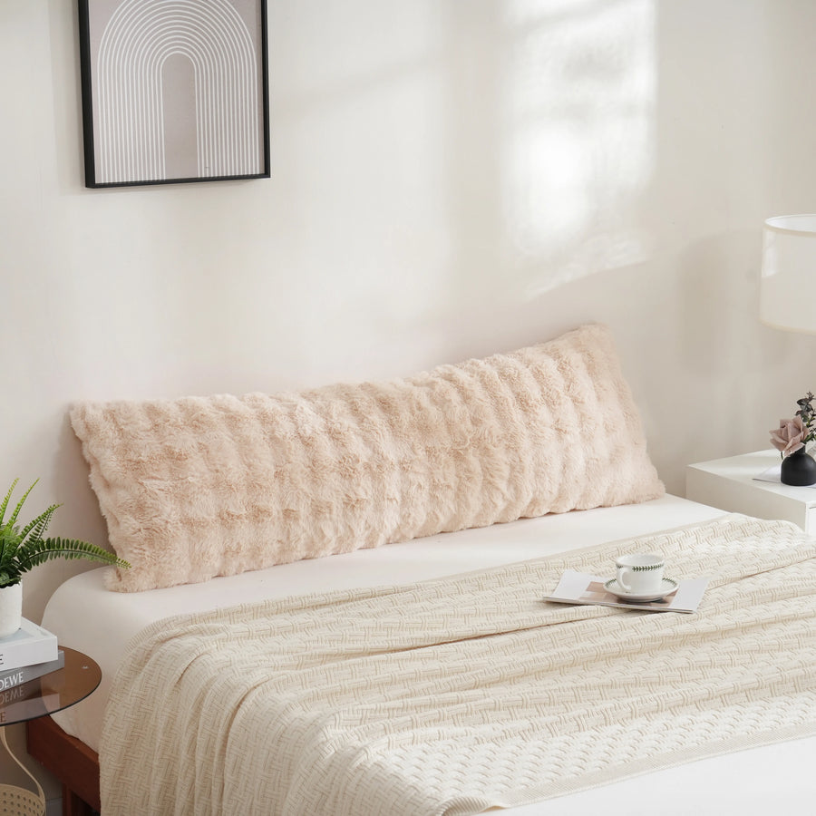 beige shaggy textured faux fur body pillowcase warm lighting
