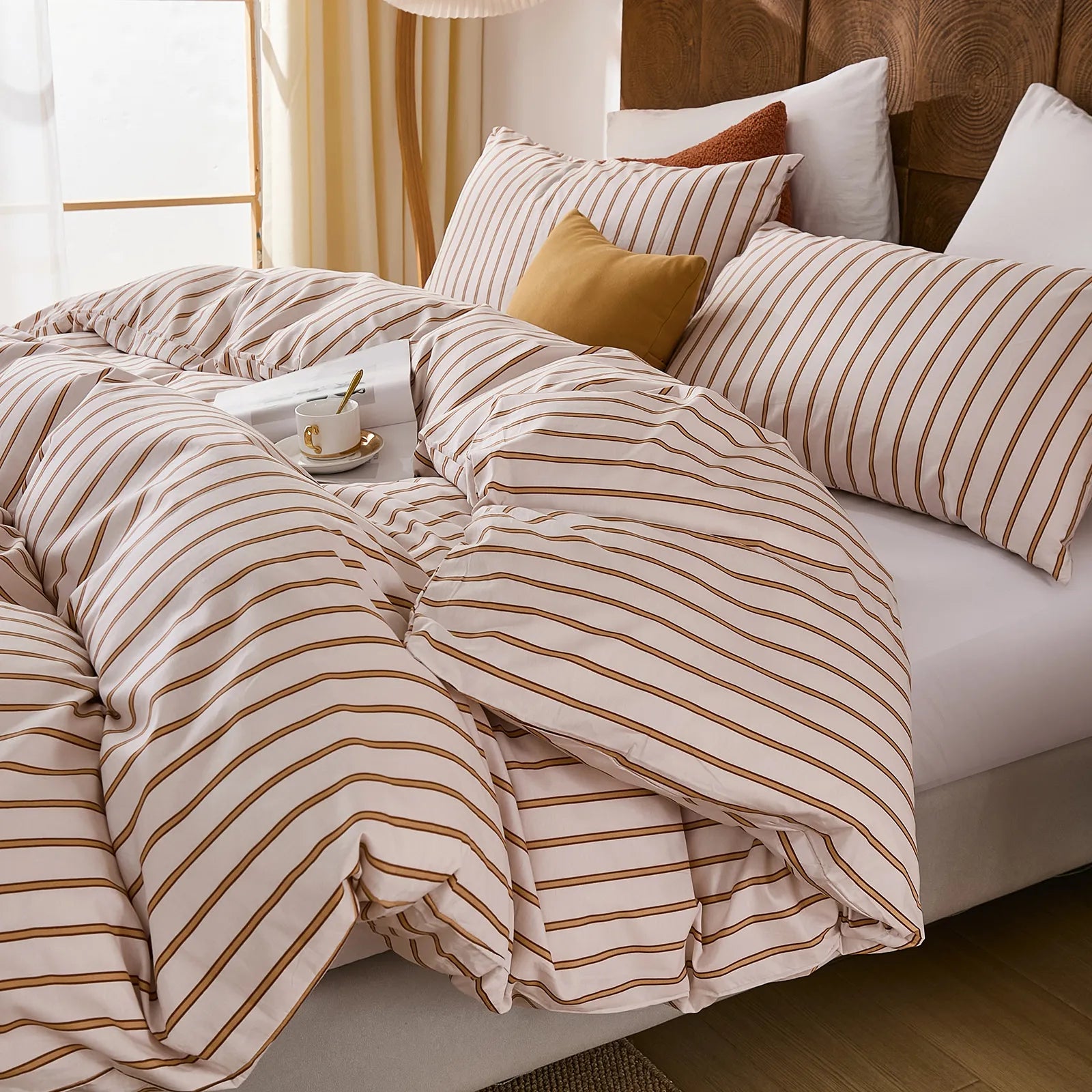 beige pinstripe bedding set queen size