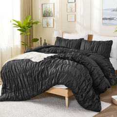 Black cotton crinkle comforter side layout with pillows