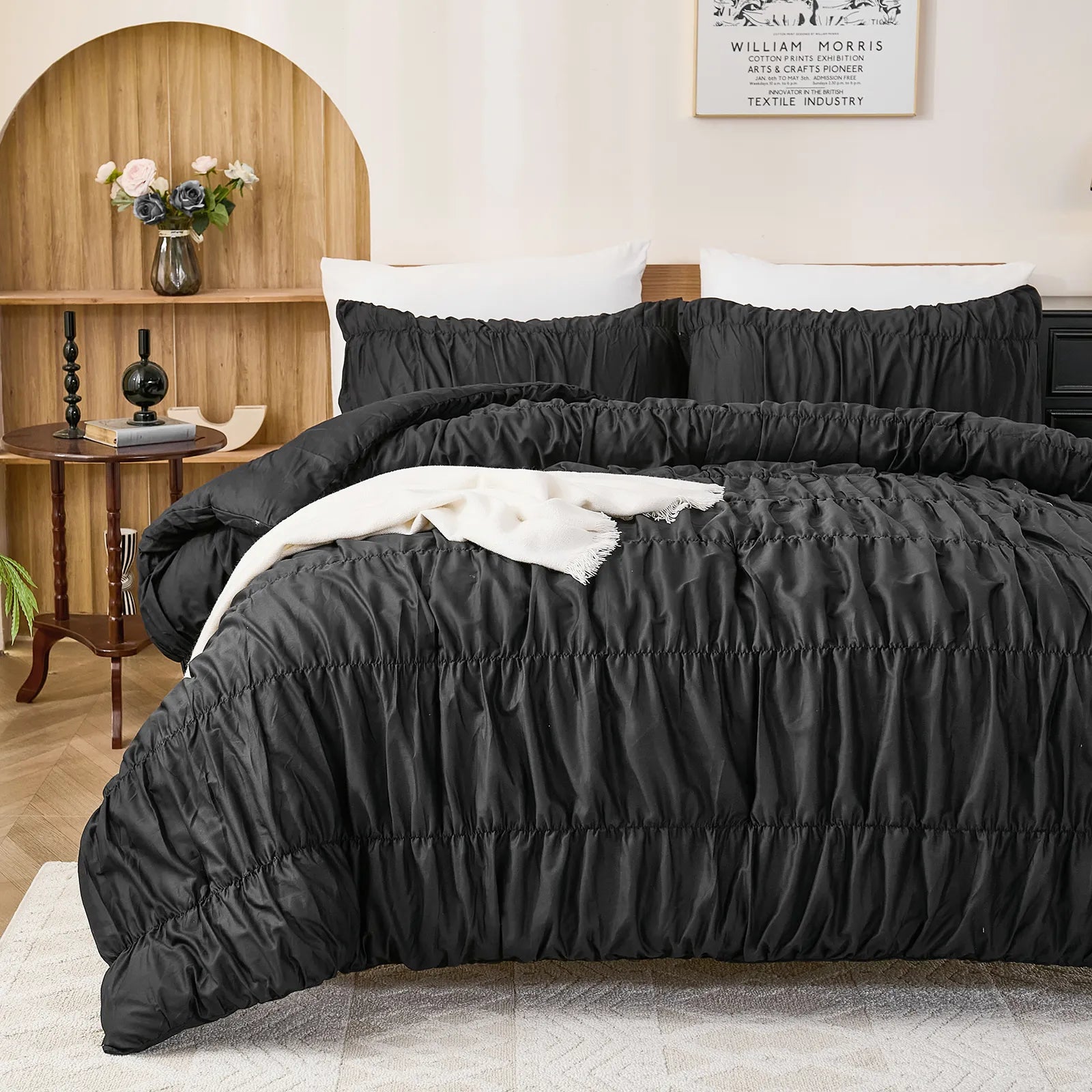 Black cotton crinkle comforter texture detail