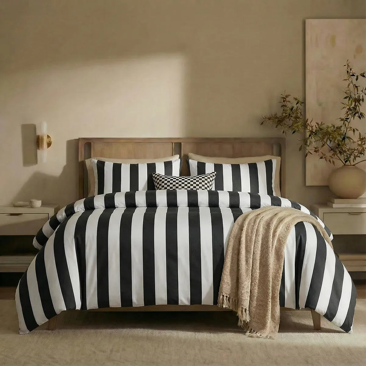 Full front view of black white striped bedding set