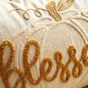 blessed pumpkin embroidered throw pillow cover natural ivory mustard yellow tufted embroidery detail