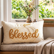 blessed pumpkin embroidered throw pillow cover natural ivory window nook decor
