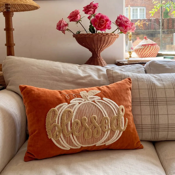 blessed pumpkin embroidered throw pillow cover pumpkin orange beige sofa decor