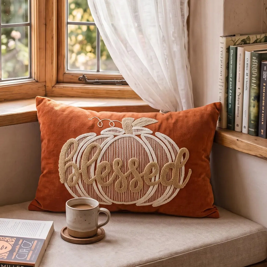blessed pumpkin embroidered throw pillow cover pumpkin orange window nook decor