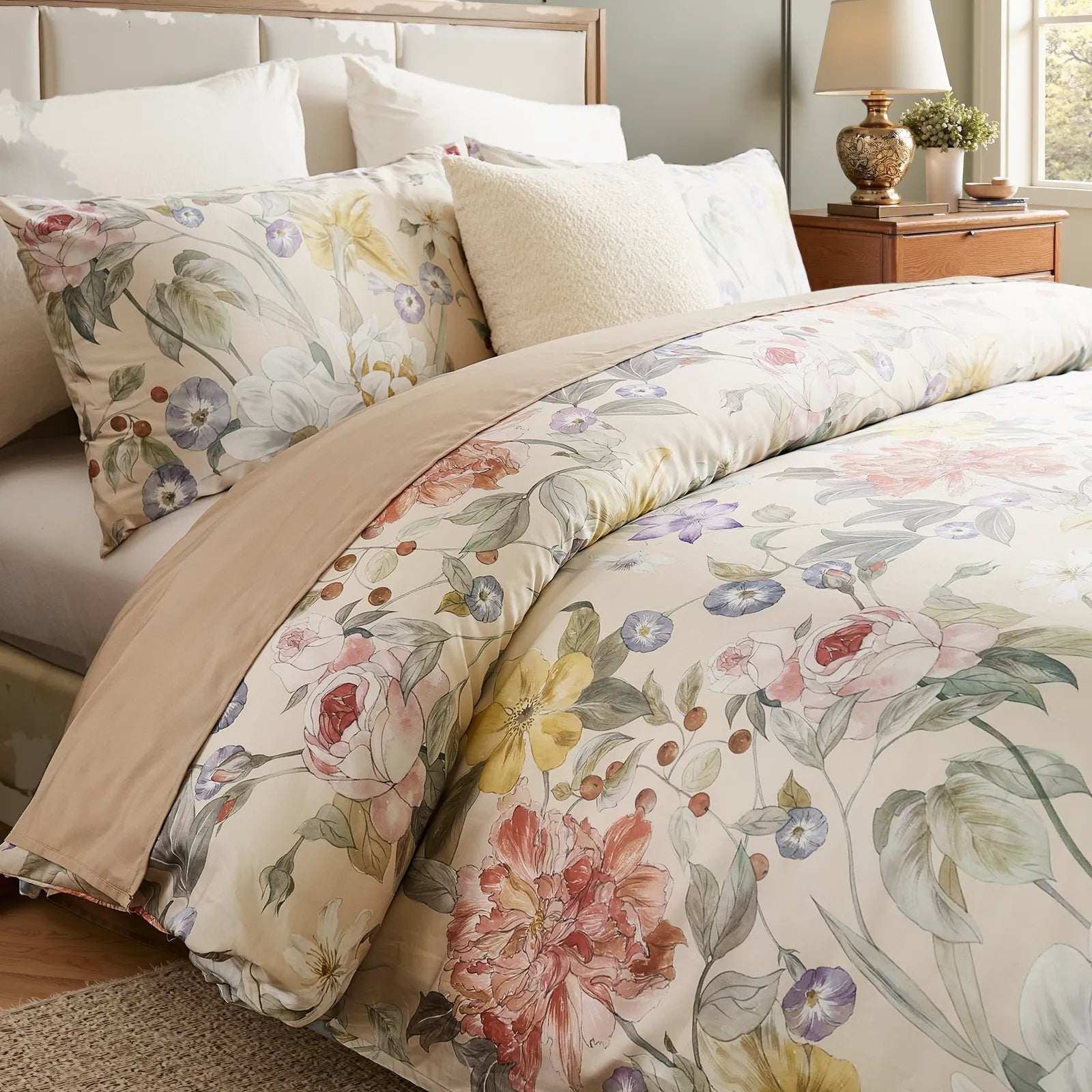  Closeup of spring blossom floral pattern on cotton fabric