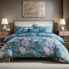 Blue cotton duvet cover set with floral pattern on bed
