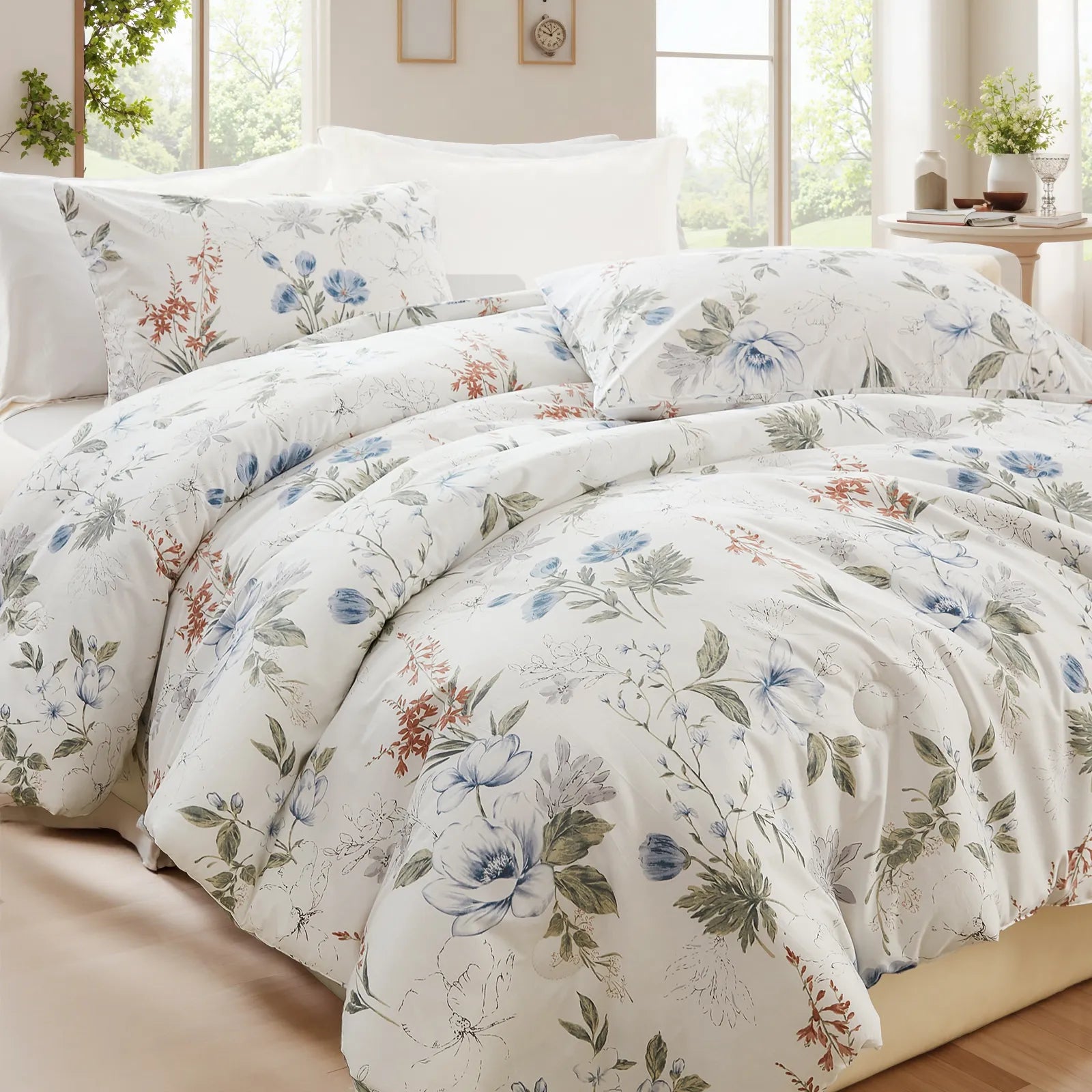 A detailed shot of the woven cotton fabric and floral pattern