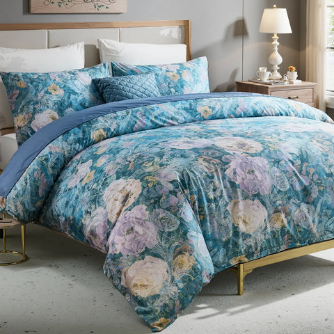 Blue floral duvet cover set with lace pattern fully displayed on bed