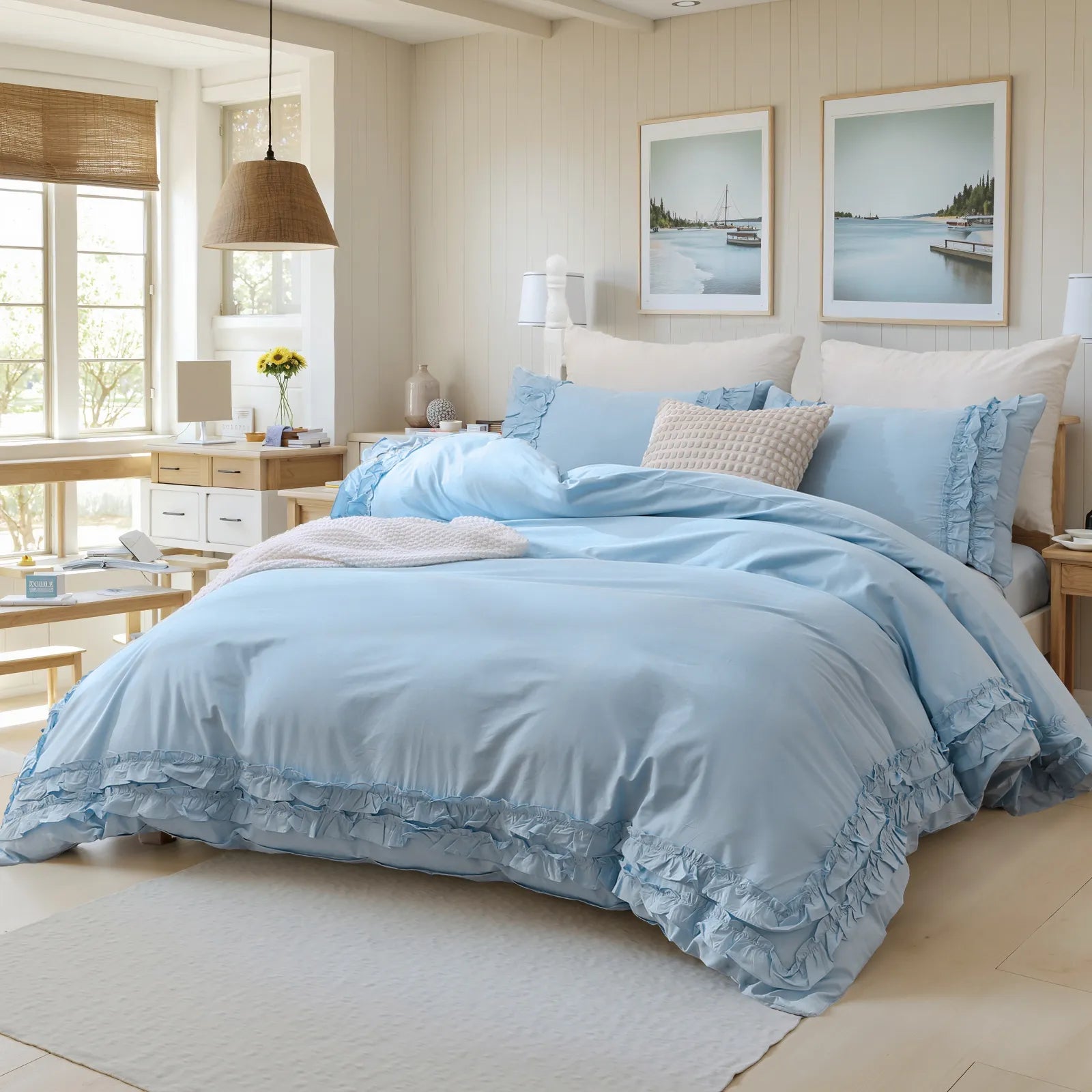 The blue ruffled comforter set styled on a bed in a modern, light-filled bedroom.