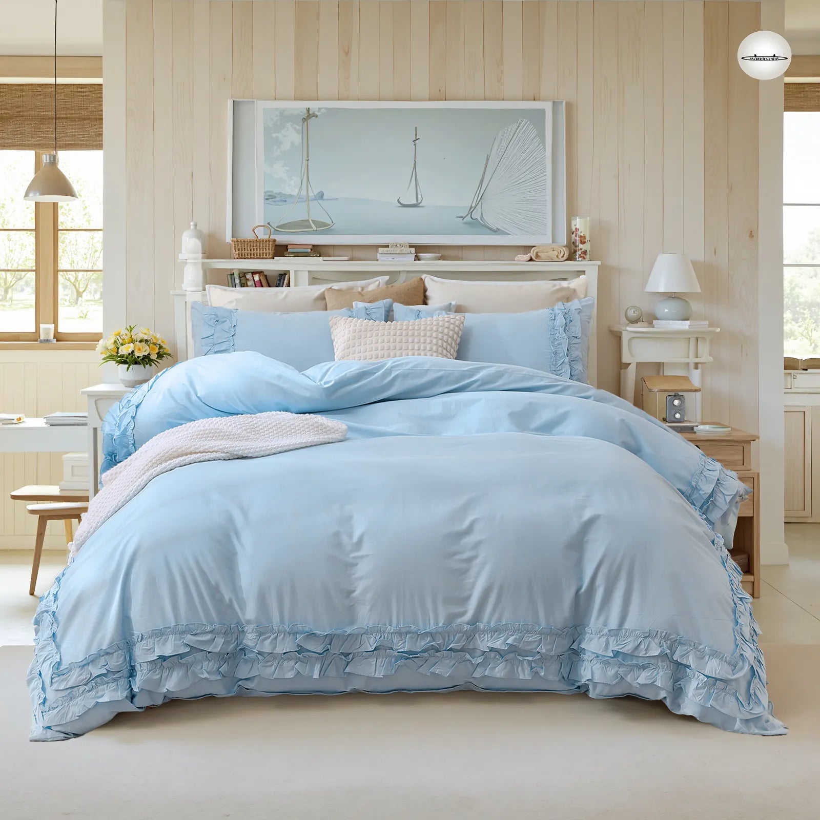full view of the blue ruffled comforter set styled on a bed.