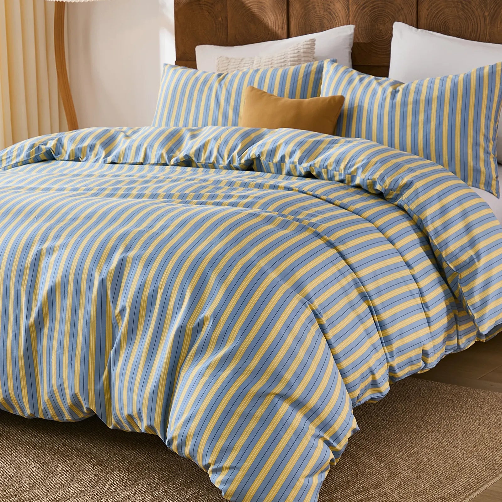 blue and yellow stripe bedding sets